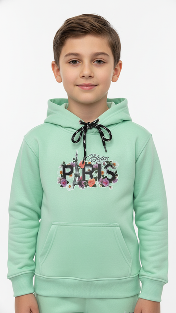 Mint Green Paris Hoodie Tracksuit with Trouser Suitable for Boys and Girls