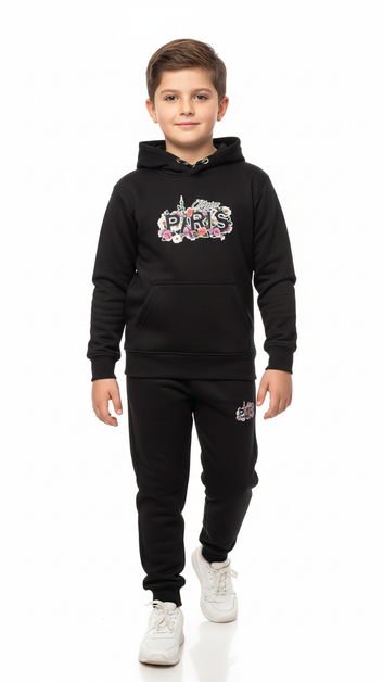 Paris Black Hoodie Tracksuit with Trouser Set for Boys and Girls