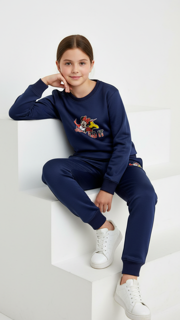 JDI Navy Blue Sweatshirt with Trouser Tracksuit Set for Kids – Shine Polyester Fleece