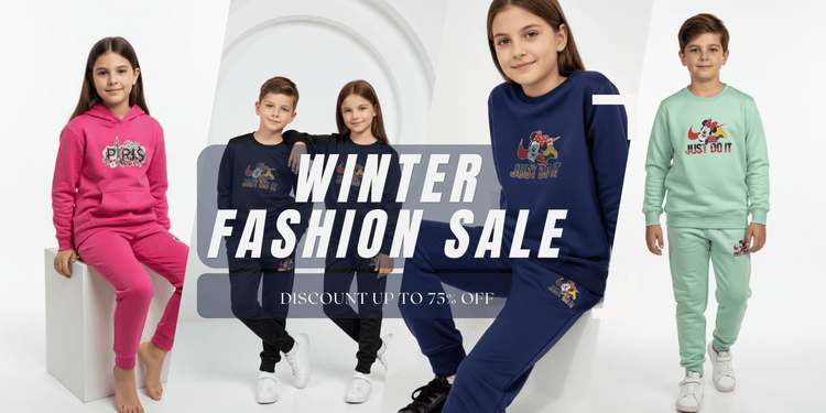 Children's winter fashion sale advertisement with kids in colorful outfits on a white background.